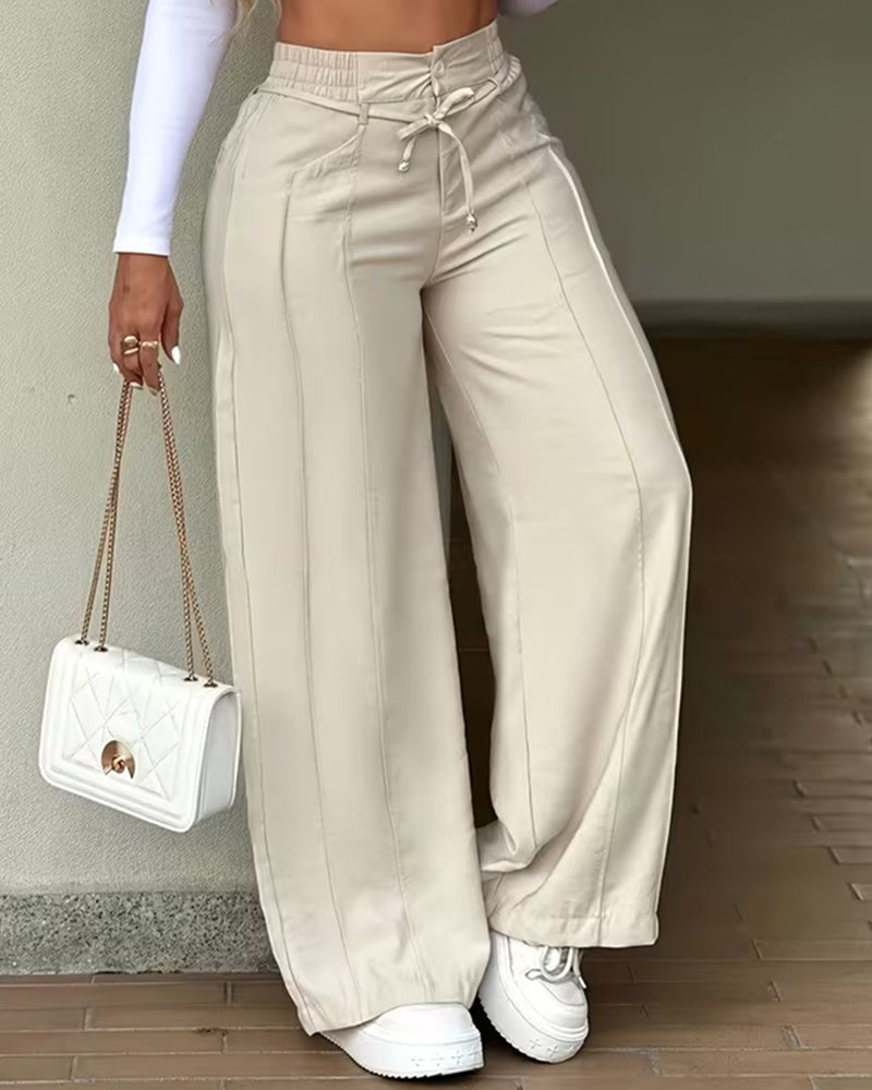 Daily Comfort Tie Front Elastic Waist Wide Leg Pants
